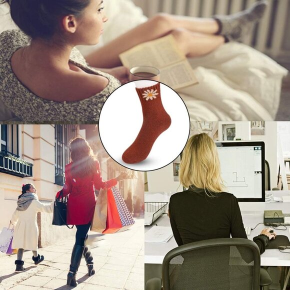 Women 5 Pairs E- Yellow,Khaki,Brown,Blue,Green Warm Winter Cozy Thermal Socks - Picture 6 of 6